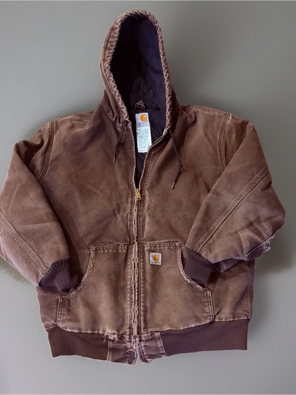 VTG Distressed Hooded Carhartt WJ130 DKB Sandstone Duck Active Jacket Women’s L